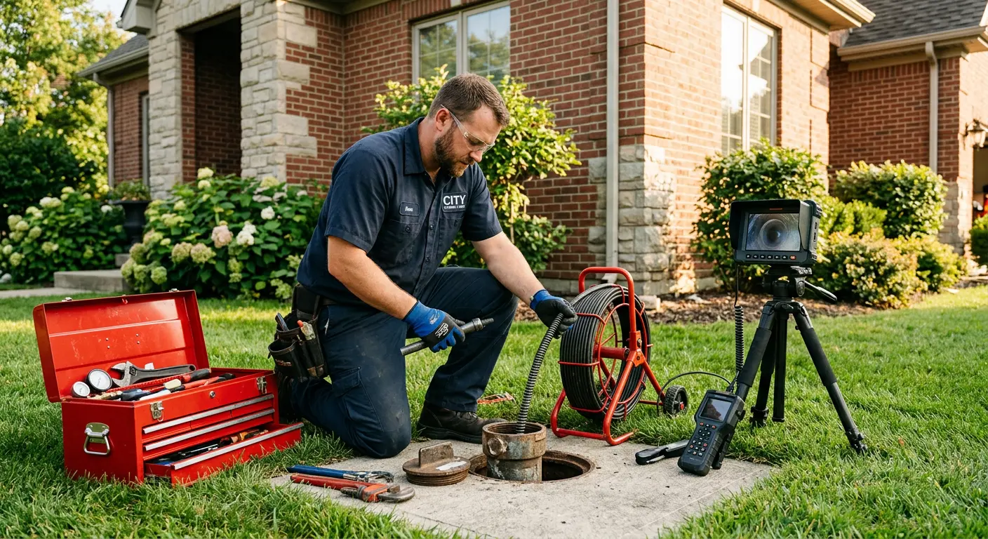 Sewer specialist with camera equipment servicing a cleanout in Kuna