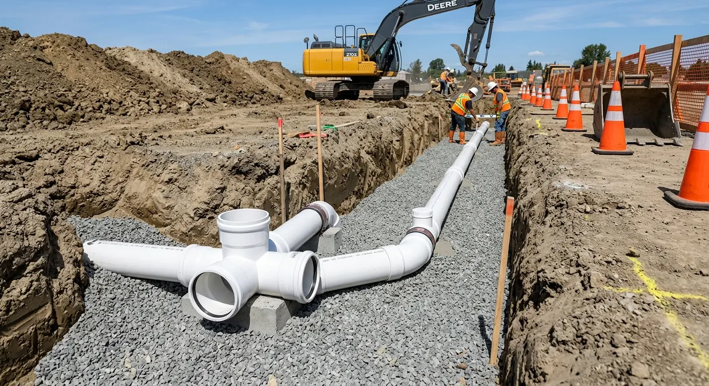 New PVC sewer pipe installation in open trench for Sewer Camera Inspection in Kuna