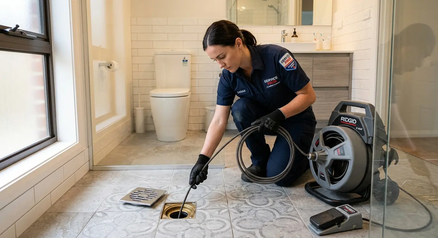 Technician clearing a bathroom floor drain for Hydro Jetting in Kuna